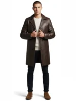 Men's brown leather trench coat