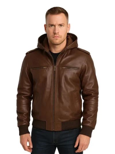 Brown Leather Bomber Jacket
