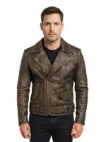 Distressed Brown Leather Biker Jacket