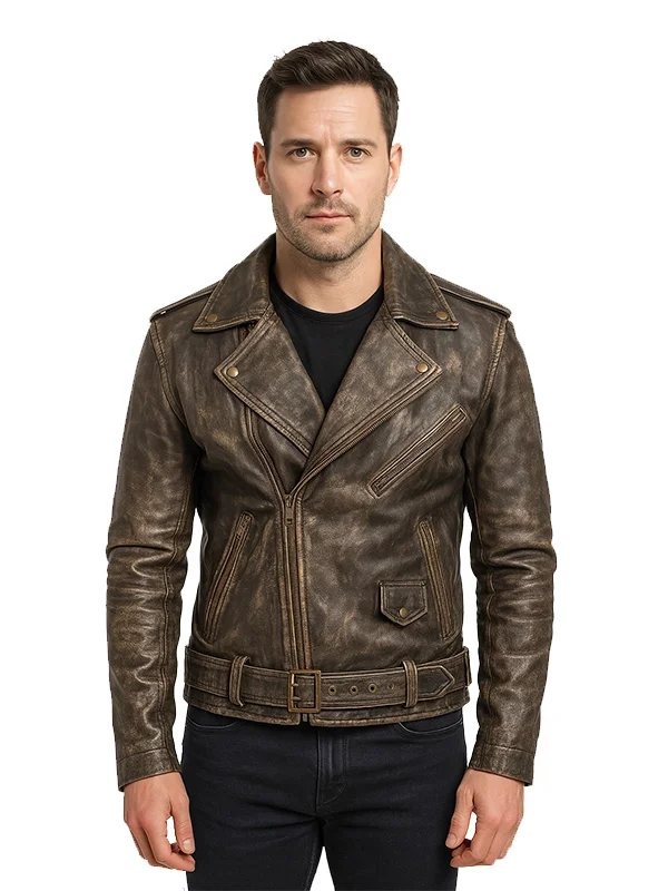 Distressed Brown Leather Biker Jacket