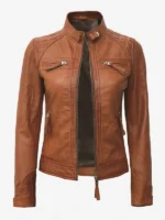 Slim fit brown leather jacket
