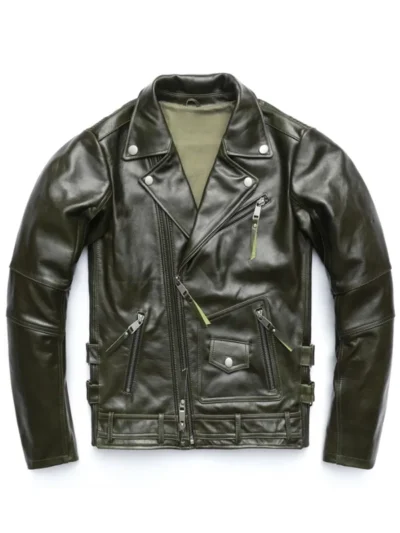 Army Green Lambskin Leather Motorcycle Jacket