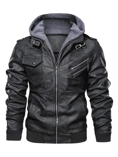 bomber hooded leather jacket