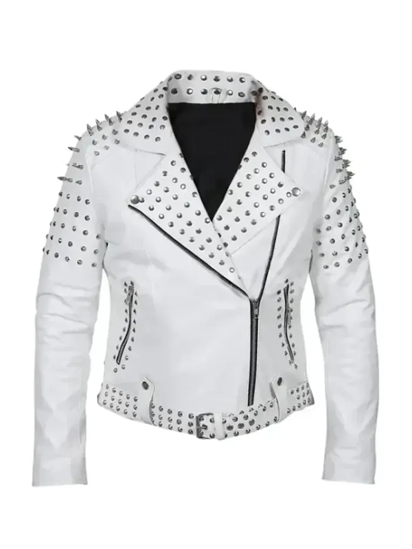 Women’s White Studded Biker Leather Jacket